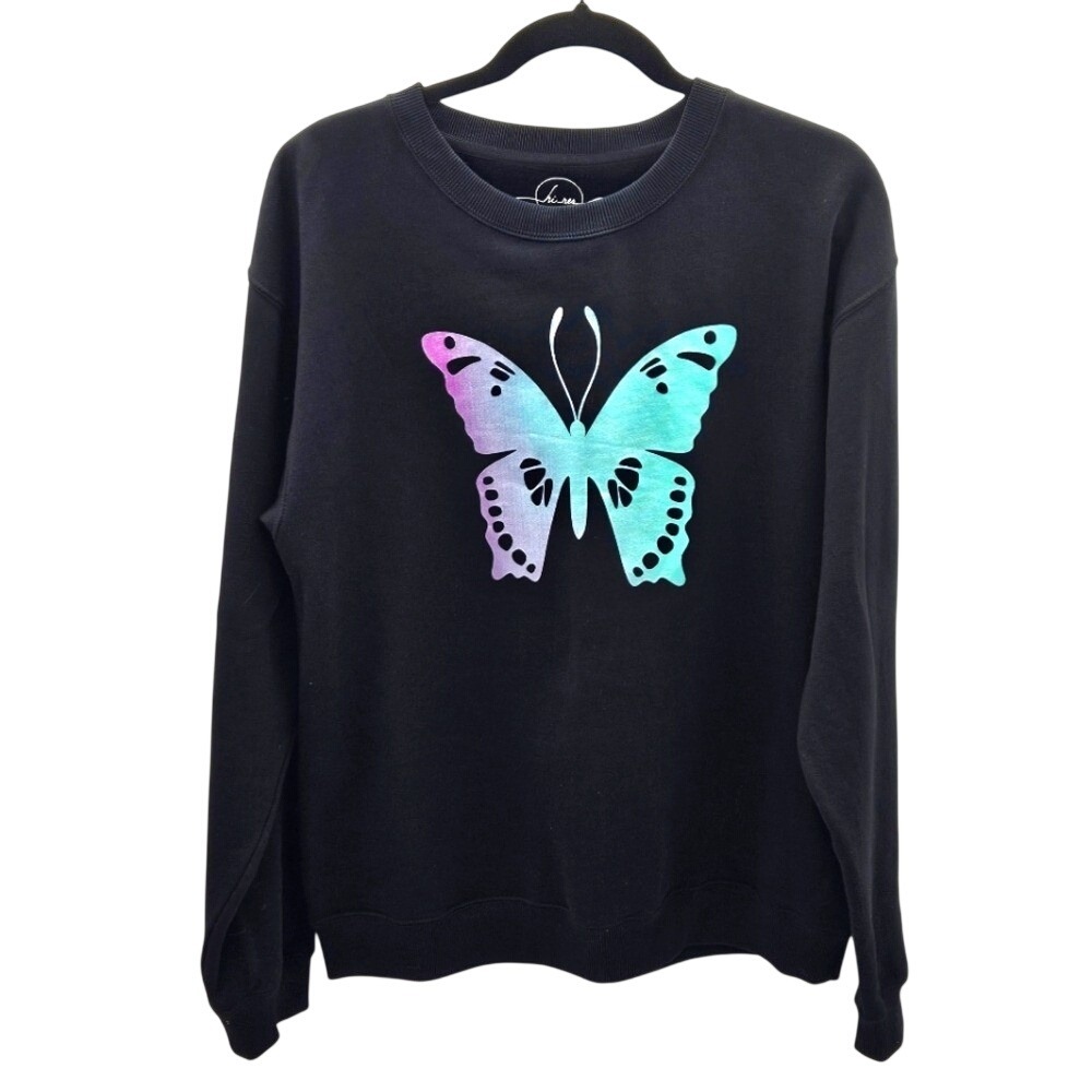 Hi Res Womens Black Butterfly Graphic Crewneck‎ Sweatshirt Purple Teal Ombre M